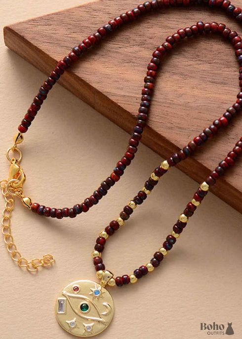 Boho Necklace, Seed Beads Gold Horn Evil Eye Heart Pendant